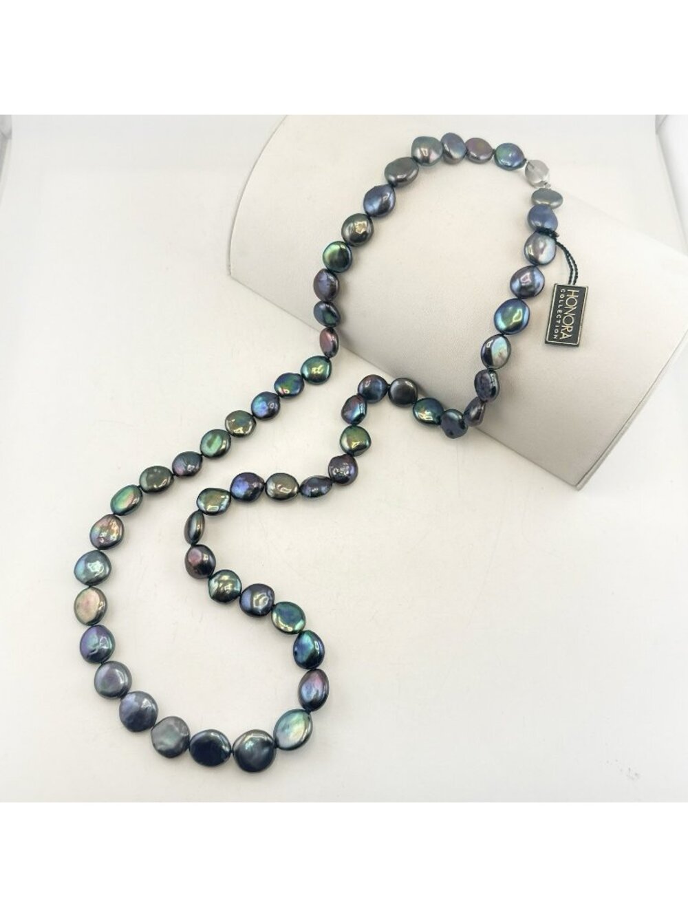 Honora Pearl Necklace Oil Slick Peacock Blue Purple Coin 36" Chunky Modern